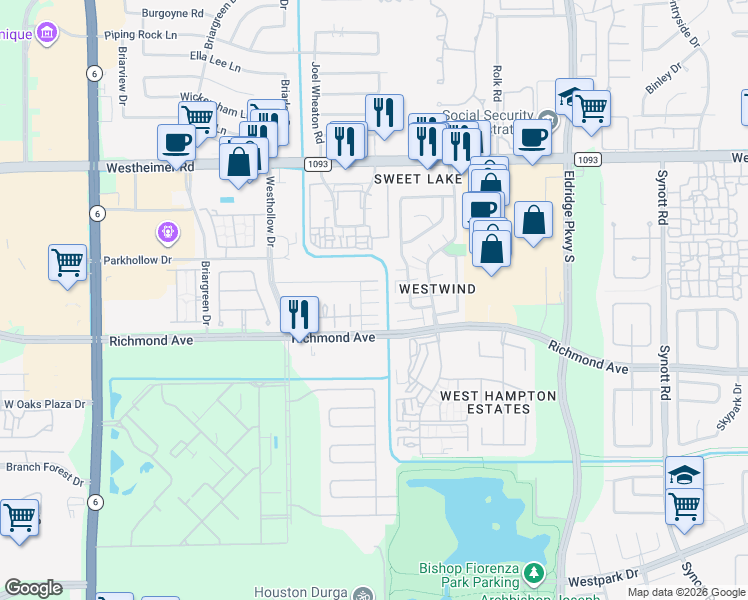 map of restaurants, bars, coffee shops, grocery stores, and more near 2879 Panagard Drive in Houston