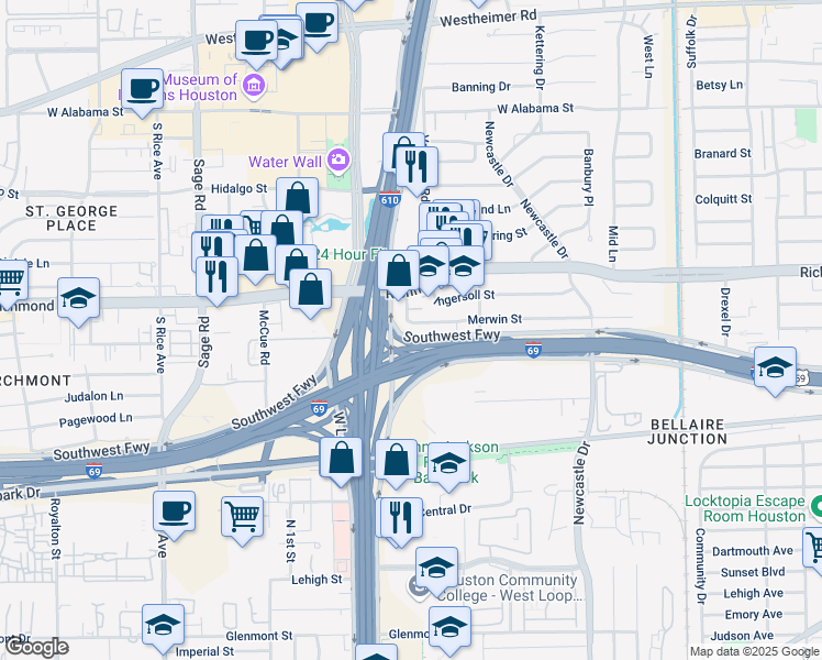 map of restaurants, bars, coffee shops, grocery stores, and more near 4807 Merwin Street in Houston