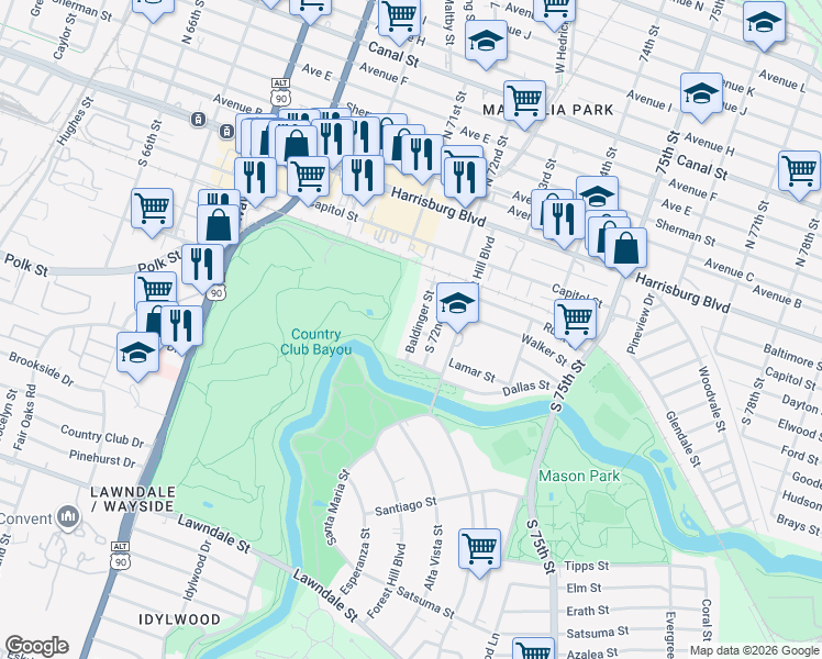 map of restaurants, bars, coffee shops, grocery stores, and more near 418 Baldinger Street in Houston