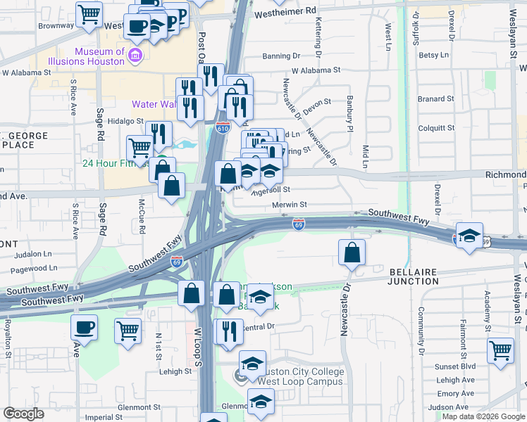 map of restaurants, bars, coffee shops, grocery stores, and more near 4719 Merwin Street in Houston