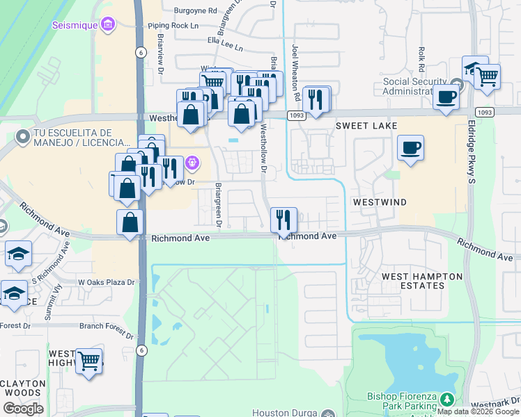 map of restaurants, bars, coffee shops, grocery stores, and more near 2818 Cresthollow Lane in Houston