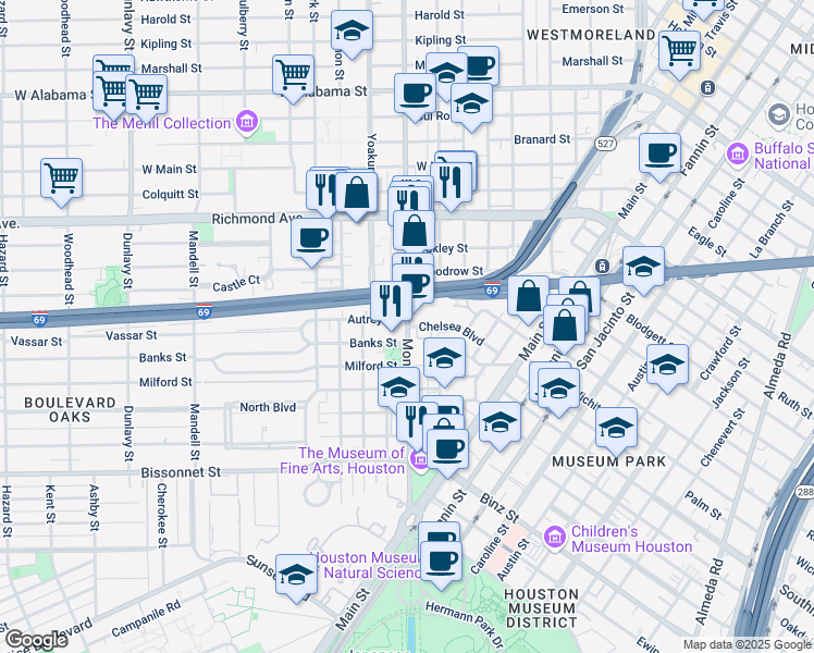 map of restaurants, bars, coffee shops, grocery stores, and more near Montrose Blvd & Chelsea Blvd in Houston