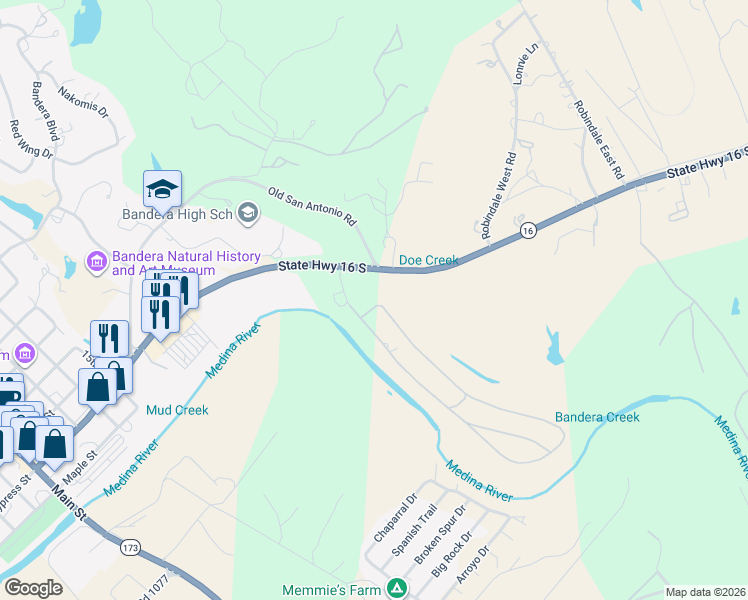 map of restaurants, bars, coffee shops, grocery stores, and more near 236 Enchanted River Drive in Bandera