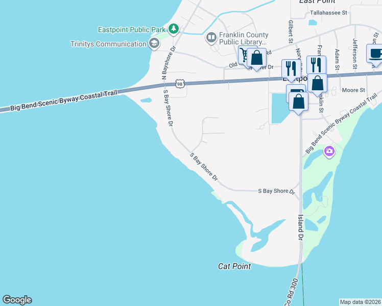 map of restaurants, bars, coffee shops, grocery stores, and more near 129 Las Brisas Way in Eastpoint