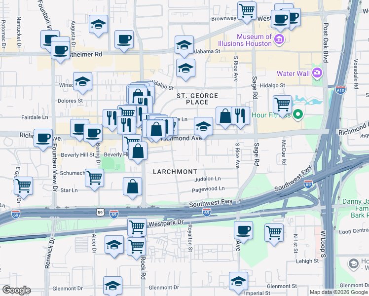 map of restaurants, bars, coffee shops, grocery stores, and more near in Houston