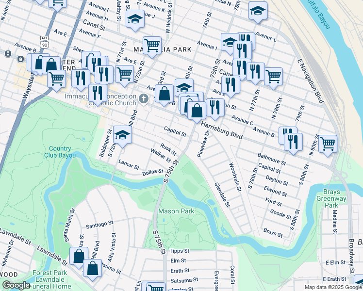 map of restaurants, bars, coffee shops, grocery stores, and more near 7457 Rusk Street in Houston