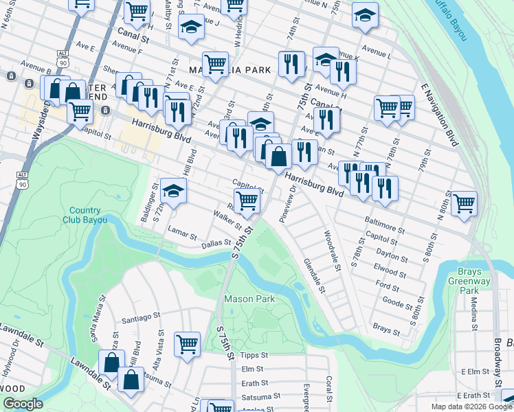 map of restaurants, bars, coffee shops, grocery stores, and more near 7457 Rusk Street in Houston