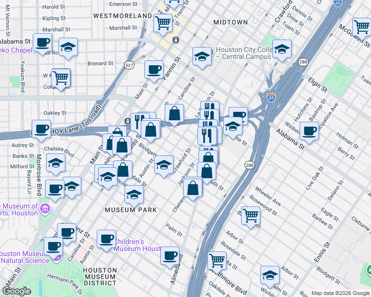 map of restaurants, bars, coffee shops, grocery stores, and more near 1519 Ruth Street in Houston