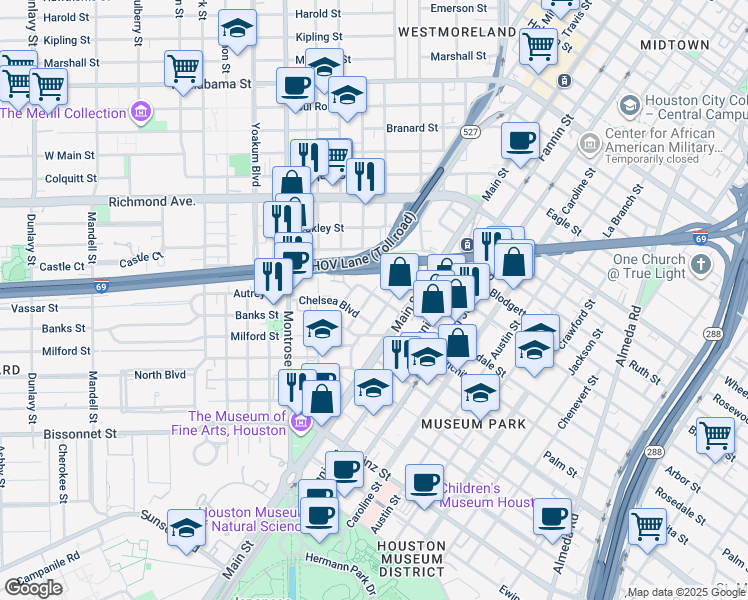 map of restaurants, bars, coffee shops, grocery stores, and more near 800 Chelsea Boulevard in Houston