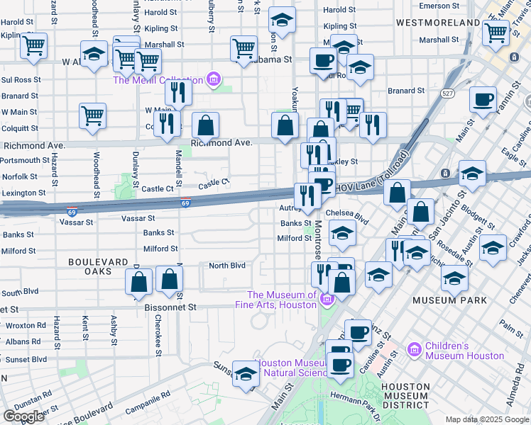 map of restaurants, bars, coffee shops, grocery stores, and more near 1201 Banks Street in Houston