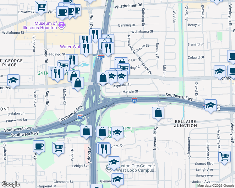 map of restaurants, bars, coffee shops, grocery stores, and more near 4719 Merwin Street in Houston