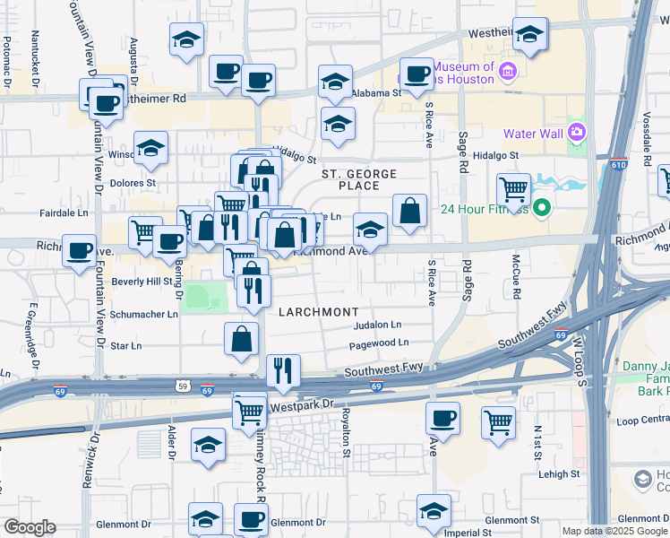 map of restaurants, bars, coffee shops, grocery stores, and more near in Houston