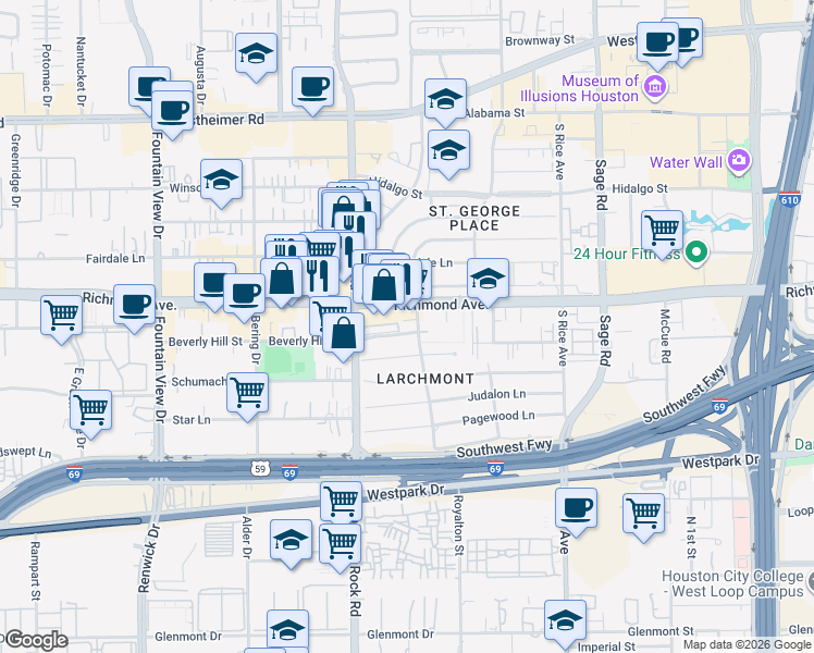 map of restaurants, bars, coffee shops, grocery stores, and more near 5555 Beverly Hill Street in Houston