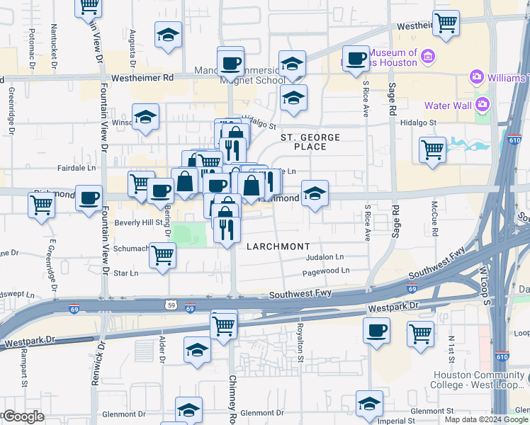 map of restaurants, bars, coffee shops, grocery stores, and more near 5555 Beverly Hill Street in Houston