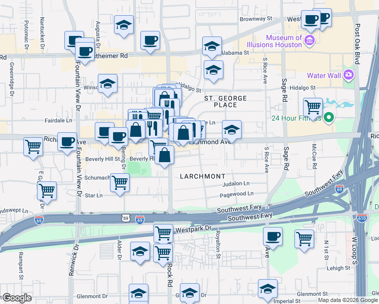 map of restaurants, bars, coffee shops, grocery stores, and more near 5555 Beverly Hill Street in Houston