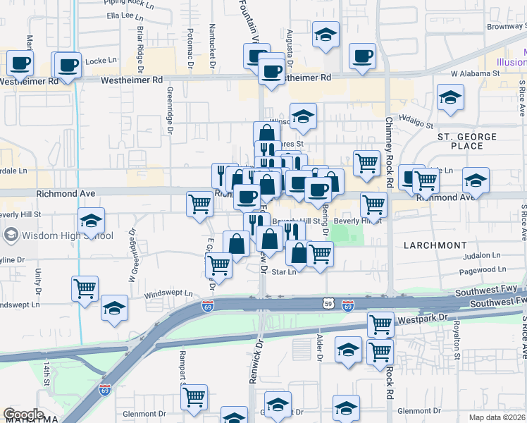 map of restaurants, bars, coffee shops, grocery stores, and more near Fountain View Dr & Beverly Hill St in Houston