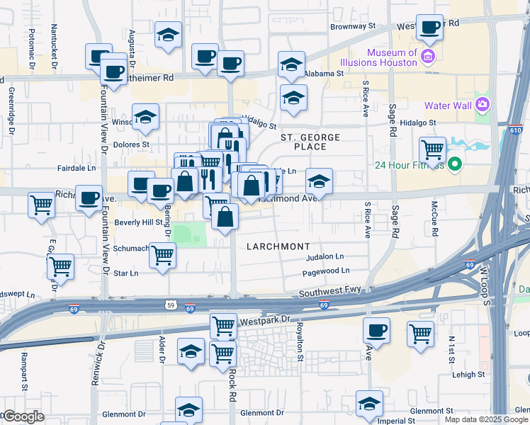 map of restaurants, bars, coffee shops, grocery stores, and more near 5555 Beverly Hill Street in Houston
