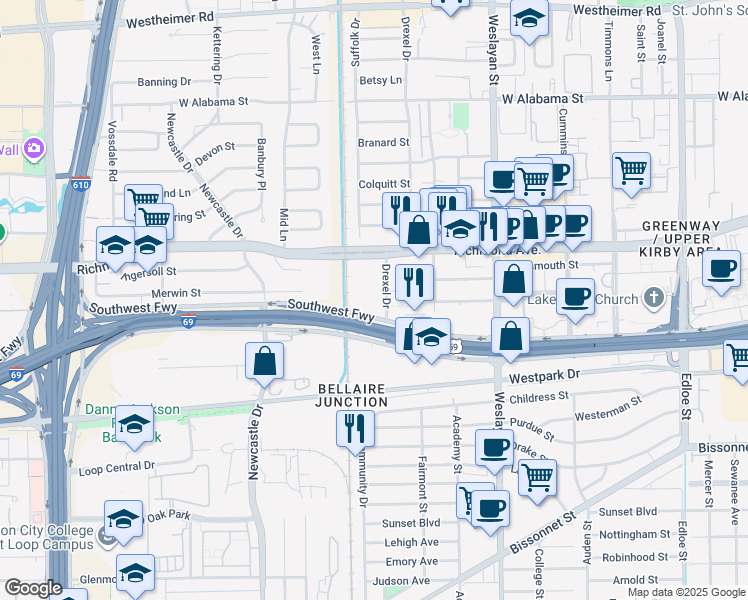 map of restaurants, bars, coffee shops, grocery stores, and more near 4242 Southwest Freeway in Houston