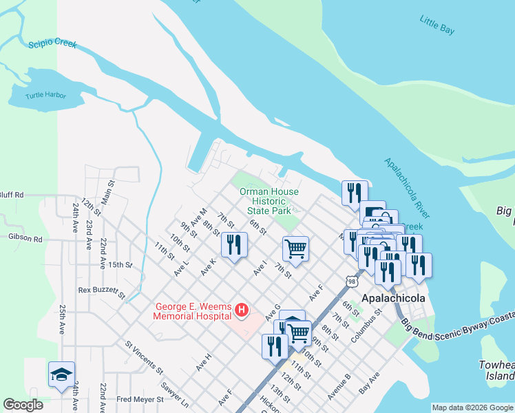 map of restaurants, bars, coffee shops, grocery stores, and more near 195 6th Street in Apalachicola