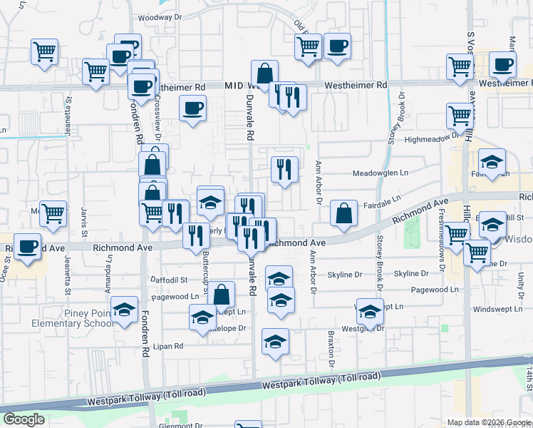 map of restaurants, bars, coffee shops, grocery stores, and more near 8162 Richmond Avenue in Houston