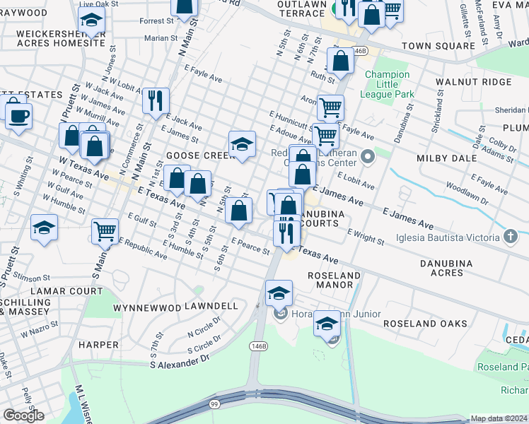 map of restaurants, bars, coffee shops, grocery stores, and more near 704 East Defee Street in Baytown