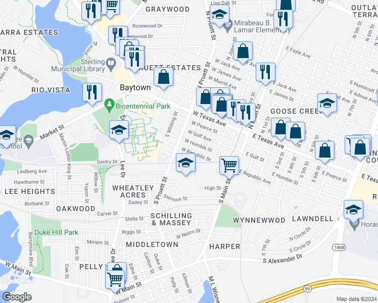 map of restaurants, bars, coffee shops, grocery stores, and more near 401 South Jones Street in Baytown