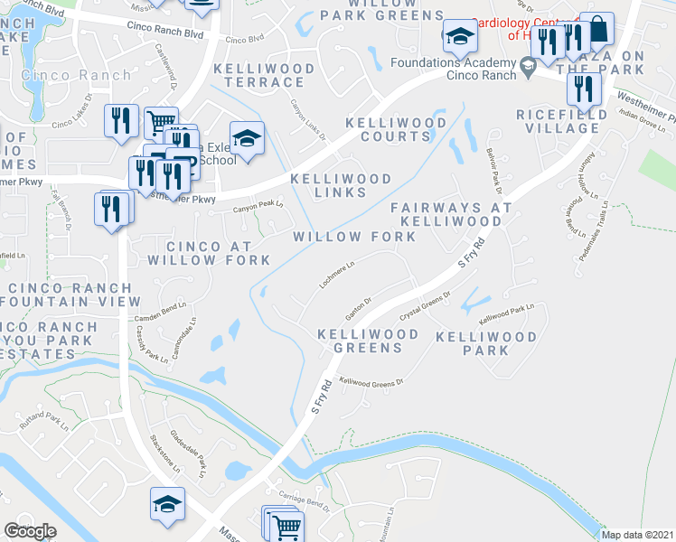 map of restaurants, bars, coffee shops, grocery stores, and more near 21315 Lochmere Lane in Katy