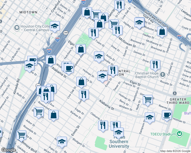map of restaurants, bars, coffee shops, grocery stores, and more near 300 Delano Street in Houston