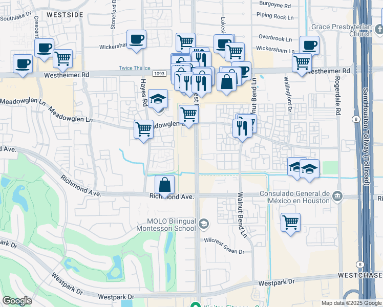 map of restaurants, bars, coffee shops, grocery stores, and more near 3000 Wilcrest Drive in Houston