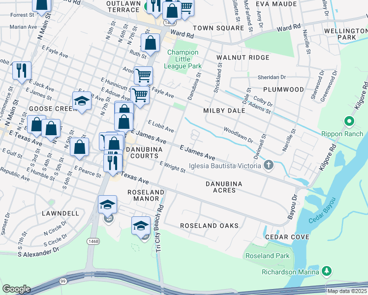 map of restaurants, bars, coffee shops, grocery stores, and more near 1310 East James Avenue in Baytown