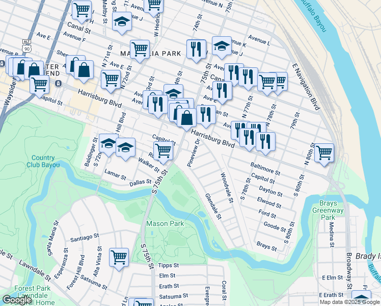 map of restaurants, bars, coffee shops, grocery stores, and more near 123 South 75th Street in Houston