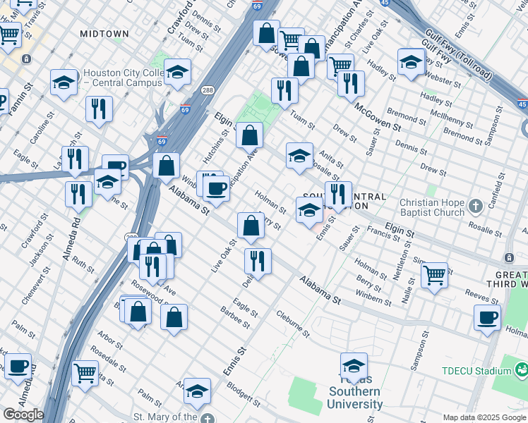 map of restaurants, bars, coffee shops, grocery stores, and more near 2515 Berry Street in Houston