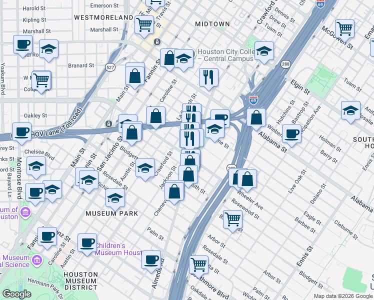 map of restaurants, bars, coffee shops, grocery stores, and more near 4110 Almeda Road in Houston