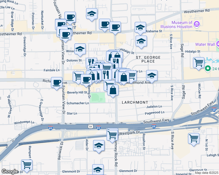 map of restaurants, bars, coffee shops, grocery stores, and more near 5630b Richmond Avenue in Houston