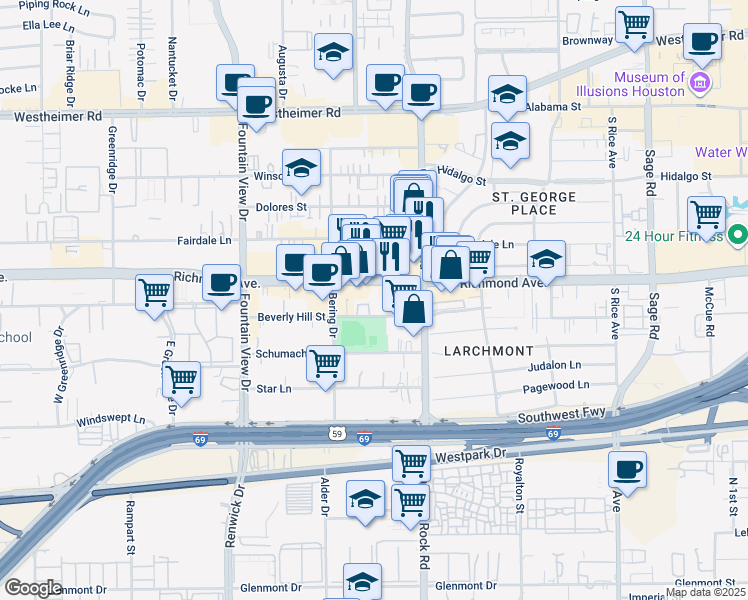 map of restaurants, bars, coffee shops, grocery stores, and more near 5630b Richmond Avenue in Houston