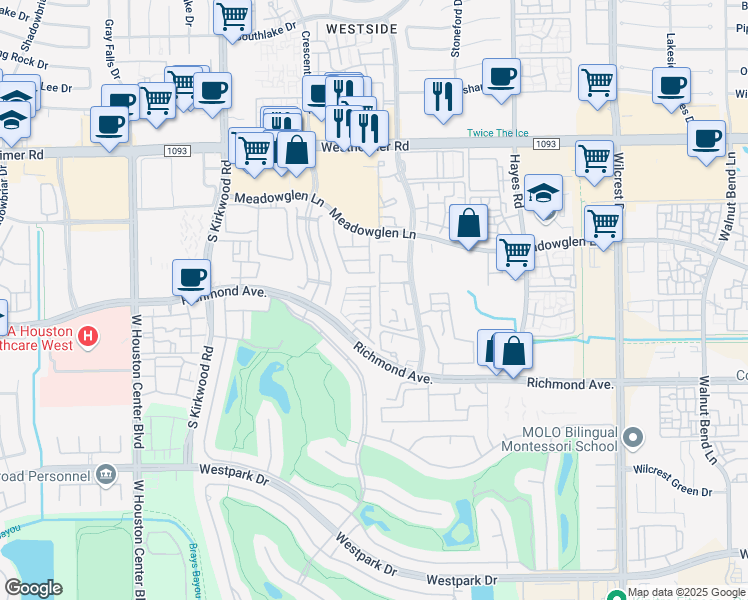 map of restaurants, bars, coffee shops, grocery stores, and more near 3000 Woodland Park Drive in Houston