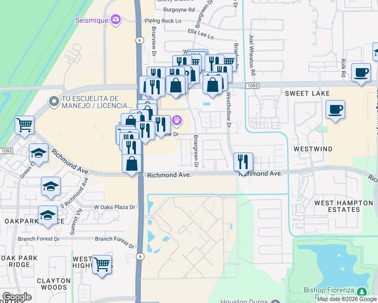 map of restaurants, bars, coffee shops, grocery stores, and more near 2706 Misty Heath Lane in Houston