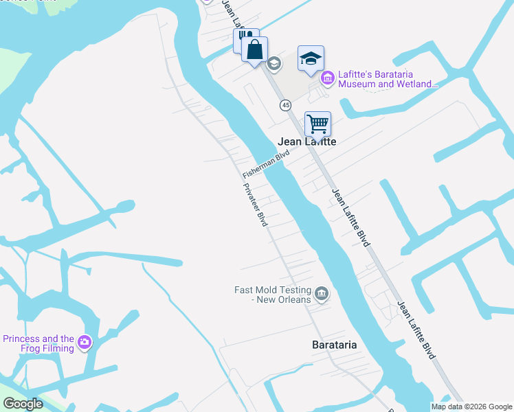 map of restaurants, bars, coffee shops, grocery stores, and more near 2716 Privateer Boulevard in Barataria