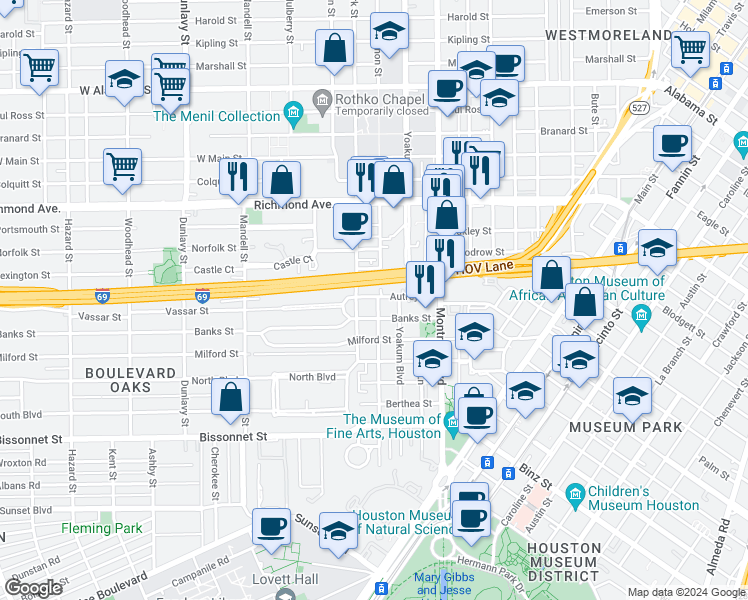 map of restaurants, bars, coffee shops, grocery stores, and more near 4702 Mt Vernon St in Houston
