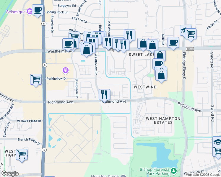 map of restaurants, bars, coffee shops, grocery stores, and more near 13842 Hollowgreen Drive in Houston