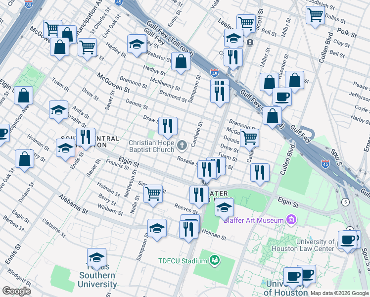 map of restaurants, bars, coffee shops, grocery stores, and more near 3410 Drew Street in Houston
