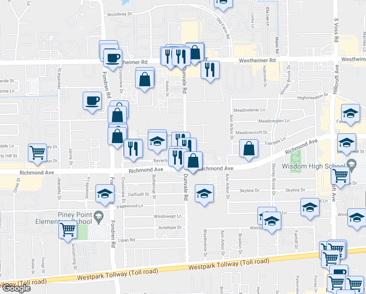 map of restaurants, bars, coffee shops, grocery stores, and more near 3111 Briarwood Point Place in Houston
