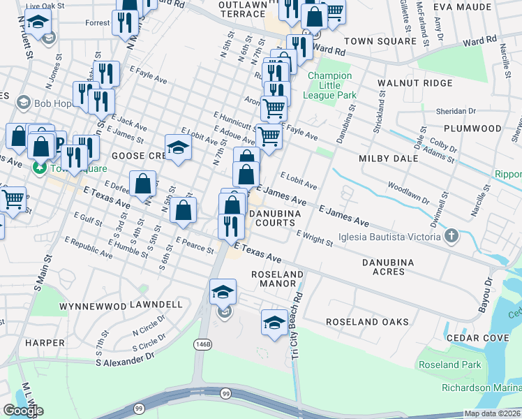 map of restaurants, bars, coffee shops, grocery stores, and more near 1001 East James Avenue in Baytown