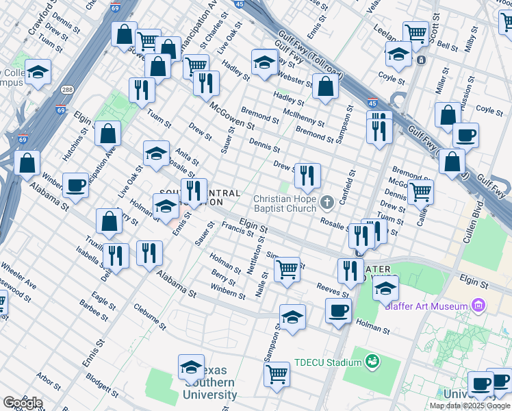 map of restaurants, bars, coffee shops, grocery stores, and more near 3201 Rosalie Street in Houston