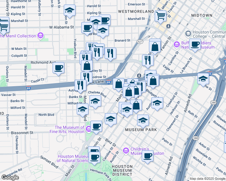 map of restaurants, bars, coffee shops, grocery stores, and more near 4702 Travis Street in Houston