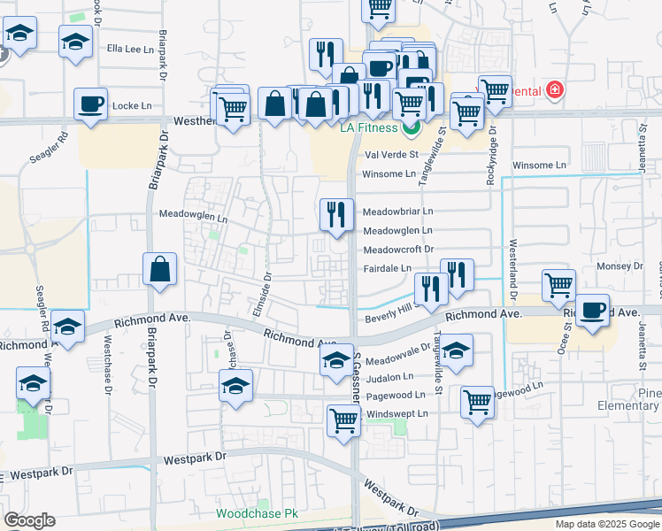 map of restaurants, bars, coffee shops, grocery stores, and more near 9797 Meadowglen Lane in Houston