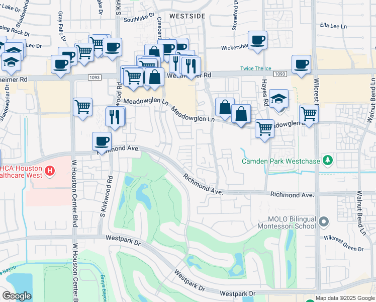 map of restaurants, bars, coffee shops, grocery stores, and more near 11635 Royal Oaks View in Houston