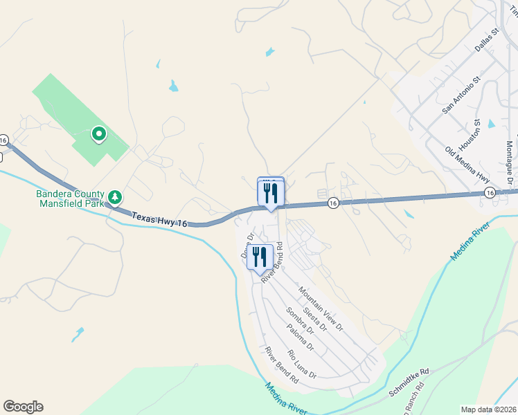 map of restaurants, bars, coffee shops, grocery stores, and more near 2320 Texas 16 in Bandera