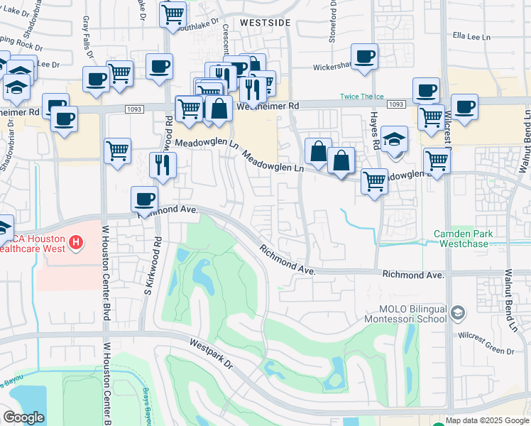 map of restaurants, bars, coffee shops, grocery stores, and more near 11635 Royal Oaks View in Houston