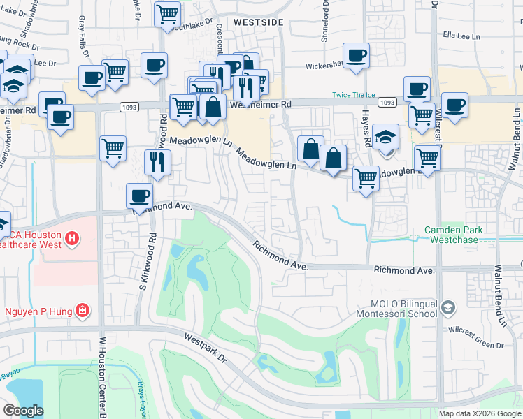 map of restaurants, bars, coffee shops, grocery stores, and more near 11502 Royal Tower Place in Houston